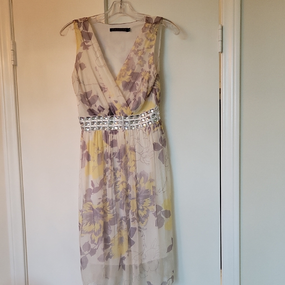 Floral V-Neck Dress with Embellished Waist